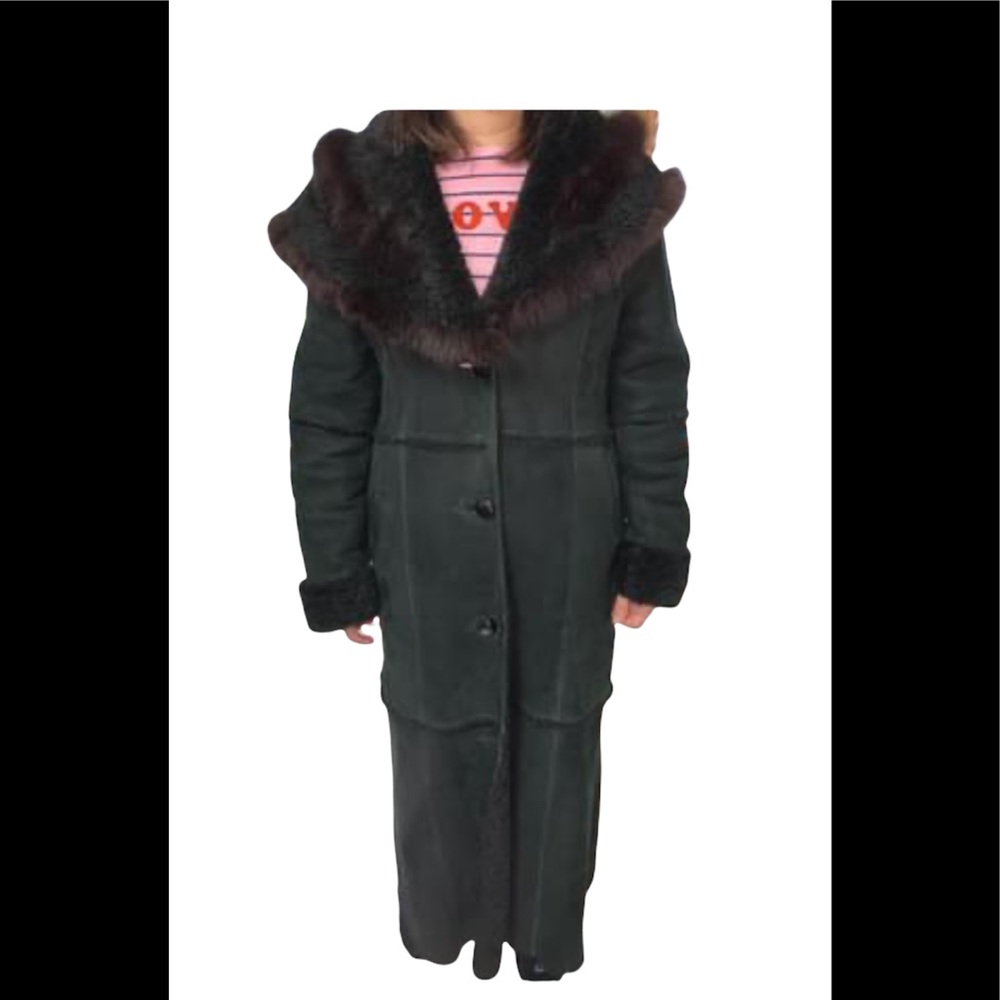New! Black Long Genuine Shearling Coat size Large
